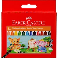 Faber-Castell Süper Yıkanabilir Mum Boya, 12 Renk, Leke Bırakmaz, Jumbo Boy, Parlak ve Yoğun Renkler