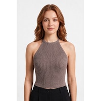 Cottonhıll Premium - Tide Collection Vizon Halter Yaka Boyundan Bağlamalı Bürümcük Dokulu Kadın Crop Bluz VİZON Cottonhıll Premium - Tide Collection Vizon Halter Yaka Boyundan Bağlamalı Bürümcük Dokulu Kadın Crop Bluz VİZON