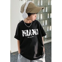 Uyguntarz Çocuk Miami Baskılı Pamuklu Tshirt Siyah Uyguntarz Çocuk Miami Baskılı Pamuklu Tshirt Siyah