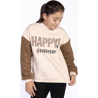 Toontoy Kız Çocuk Peluş Detaylı Baskılı Sweatshirt Bej