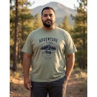 Büyük Beden Bisiklet Yaka Baskılı Erkek Tshirt Haki Büyük Beden Bisiklet Yaka Baskılı Erkek Tshirt Haki