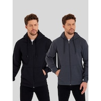 MMetalic Siyah-Antrasit Kanguru Cepli Kapüşonlu Fermuarlı İçi Pamuklu 2'Li Erkek Sweatshirt MMetalic Siyah-Antrasit Kanguru Cepli Kapüşonlu Fermuarlı İçi Pamuklu 2'Li Erkek Sweatshirt