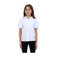 Toontoy Kids Toontoy Kız Çocuk Baskılı Polo Yaka Çıtçıtlı Kısa Kollu Tişört - Yırtmaçlı Beyaz