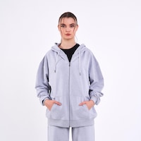 MMetalic Gri Kanguru Cepli Kapüşonlu Fermuarlı Oversize Kadın Sweatshirt Gri MMetalic Gri Kanguru Cepli Kapüşonlu Fermuarlı Oversize Kadın Sweatshirt Gri