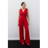 Sateen Aksesuar Detaylı Tulum - Kırmızı Sateen Aksesuar Detaylı Tulum - Kırmızı