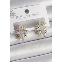 Pirinç Gold Gümüş Renk Zirkon Taşlı Kutup Yılıdız Model Kadın Küpe Çok Renkli