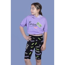 Toontoy Kids Toontoy Kız Çocuk Kapüşonlu Baskılı Biker Taytlı Takım Lila