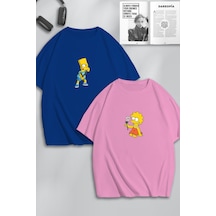 Unisex Kadın Erkek The Simpsons Baskılı Sevgili Çift Kombini Tasarım Oversize Tshirt 2li Pembemavi Mck0453 Çok Renkli