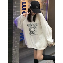 Startmore Karikatür & Slogan Grafikli Düşük Omuz Oversize Sweat Beyaz Beyaz