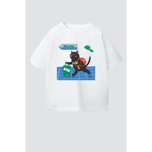 Monila Unisex Çocuk Pamuklu Kedi Baskılı T-shirt Ekru
