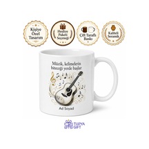 Müzisyene Hediye Nota Ve Gitar Tasarımlı Sanatsal Kupa Bardak Beyaz / Çok Renkli