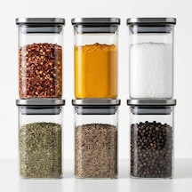 6 Lı Cam Baharat Kavanozu Seti, 250 Ml Kare Saklama Kabı, Contalı Metal Görünümlü Kapak, Şeffaf Kuru Gıda Düze Genel