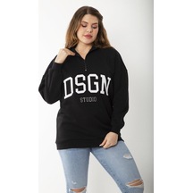 Şans Kadın Büyük Beden Siyah İçi Şardonlu Ön Pat Fermuarlı Nakışlı Sweatshirt 65n37207-siyah Siyah