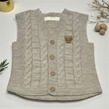 Saç Örgü Detaylı Armalı Triko Yelek Vizon