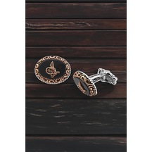 Gümüş Siyah Onix Taşlı Osmanlı Tuğralı Kol Düğmesi -5713 Gümüş