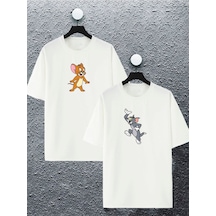 Unisex Kadın Erkek Tom Ve Jerry Baskılı Sevgili Çift Kombini Tasarım Oversize Tshirt 2li Takım Beyaz Mck2179 Beyaz