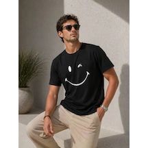 Epilons Zenda1125 Erkek Minimal Gülümseyen Yüz Baskılı Tişört Kısa Kol Yazlık T-shirt - Siyah Zenda478