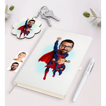 Kişiye Özel Süper Baba Ve Oğul Karikatürlü Beyaz Defter Kalem Ve