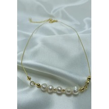 24k Altın Kaplama Gerçek İnci Dorika Detaylı Kolye 60 Cm Beyaz Çok Renkli