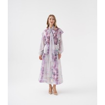 Fırfır Detaylı Transparan Çiçek Desenli Bağlama Yakalı Takım Lila