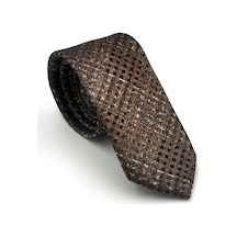 Gaffy Gri Desenli Kahverengi Dokuma Kumaş Mendilli Slim Fit Kravat // Sdk-2602-4 Kahverengi