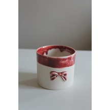 El Yapımı Porselen Kupa, Krem Beyaz, Fiyonklu Kalp Desenli, 240 Ml, Seramik, Modern Minimalist, Anne Günü Temalı Beyaz - Çok Renkli