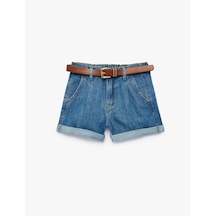 Koton Yüksek Bel Katlamalı Kemer Detaylı Denim Şort Orta İndigo 6skg40126ad