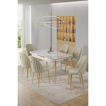 Canisa Rada Serisi 80x132 Açılabilir Lak Panel Beyaz Mermer Desen Masa 6 Krem Sandalye Gold Detay Masa Beyaz Mermer Desen Sandalye Krem