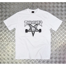 Thrasher Baskılı Unisex %100 Pamuk Beyaz T-shirt Beyaz