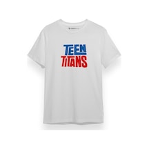 Teen Titans Mavi Kırmızı Yazı Beyaz Kısa Kol Erkek Tshirt 001
