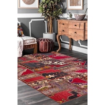 Patchwork Desenli Yıkanabilir Pamuk Taban Dijital Baskılı Halı Kırmızı