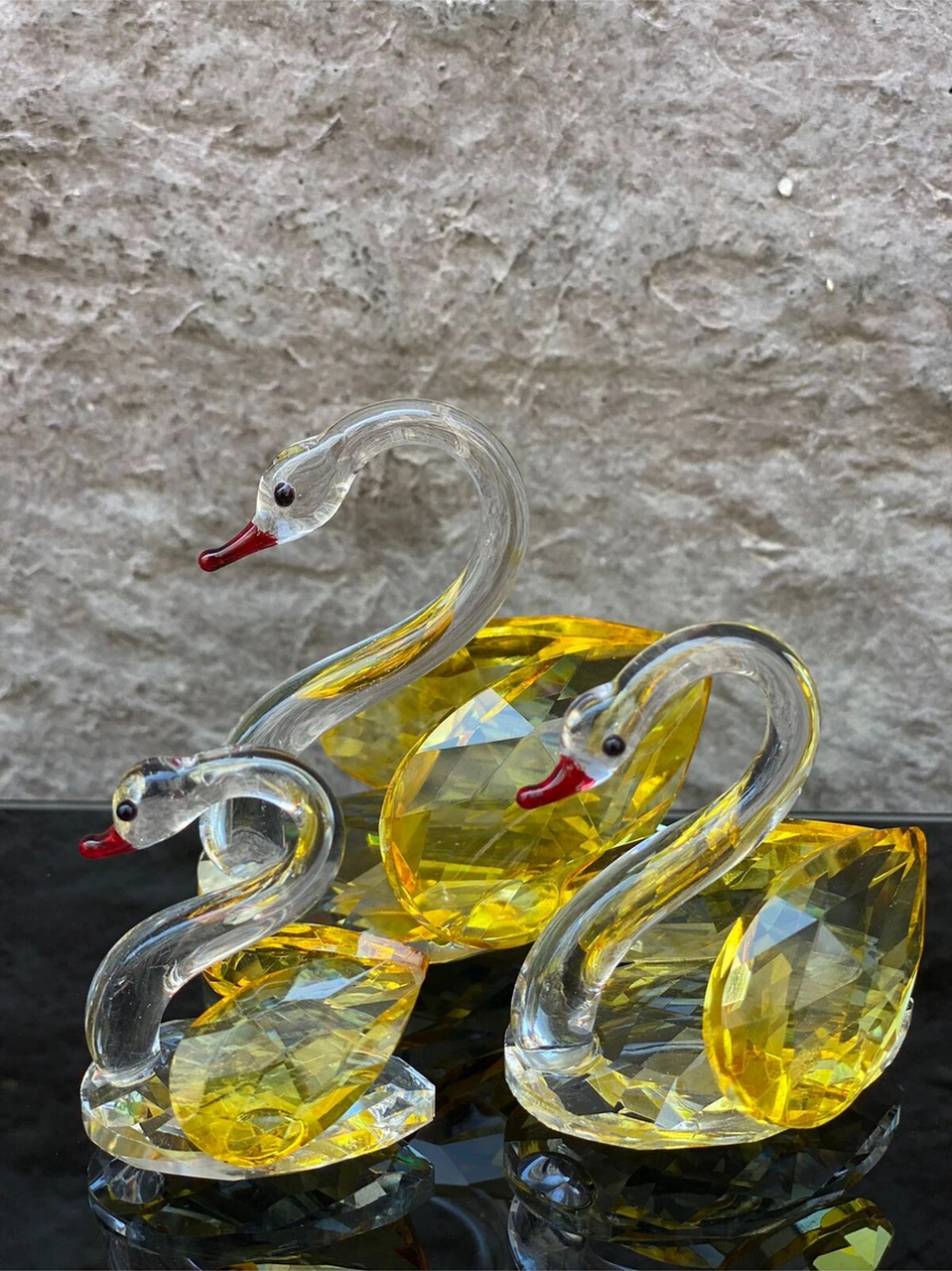 Dekoratif Kristal Cam Üçlü Kuğu Sarı