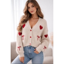 Kadın Kalp Ve Fiyonk Desenli Nakışlı Triko Hırka Love Knit ekru
