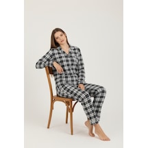 Bravie Luxury Viscose Lacivert Ekose Desenli Kadın Uzun Kollu Büyük Beden Pijama Takımı 42527 Gümüş