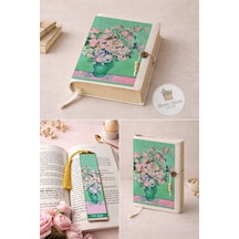 Kitap Kılıfı Ve Metal Kitap Ayracı Seti Van Gogh Pembe Güllü Vazo