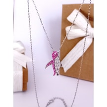 Gümüş Pembe Zirkon Taşlı Penguen Trend Kadın Kolye Öğretmenler