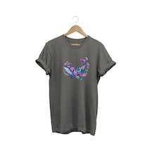 Renkli Balık Balina Desenli Baskılı %100 Pamuk Regular Fit Unisex T-shirt Gri