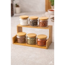 6 Lı Baharatlık 8x8 Cm Seti Ahşap Standlı Kapaklı Cam Kavanoz Seti Mutfak Düzenleyici & Kahve Baharat Organizer Şeffaf