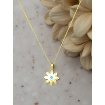 Zarif Çiçek Figürlü Nazar Boncuklu Altın Renk 316l Çelik Kolye - Şans Getiren Tasarım Gold