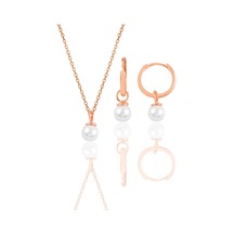 Gümüş Rose İncili Kolye Ve Halka Küpe İkili Set