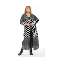 Mia Butik Büyük Beden Gri Geometrik Desenli Uzun Hırka Gri