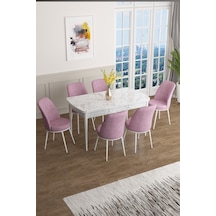 Canisa Concept Han Serisi 70x114 Açılabilir Mdf Mutfak Masası Takımı Beyaz Mermer Desen Masa 6 Pembe Sandalye Masa Beyaz Mermer Sandalyeler Pembe