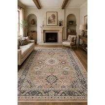 Salon Halısı Bej Gri Çiçek Desenli Kaymaz Taban Th-3026-1 Bej - Somon - Gri