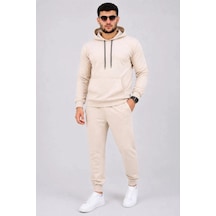 Freedom Storee Erkek İki İplik Kapüşonlu Kanguru Cepli Sweatshirt Jogger Pantolon Alt Üst Eşofman Takımı -bej Çok Renkli