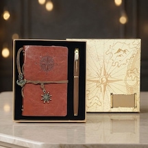 Özel Seri Not Defteri Yazı Aracı Ajanda Pusula Baskılı Deri Defter Kalem Seti Çok Renkli