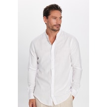 Tudors Erkek Slim Fit Dar Kesim Uzun Kollu %100 Pamuk Keten Doku Hakim Yaka Beyaz Gömlek-26932
