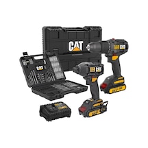 Cat Dxk201 18volt/2.0ah Li-ion Çift Akülü Kömürsüz Profesyonel Şarjlı Darbeli Matkap + Dx7030 Kömürsüz Darbeli Tornavida + Da01903 201 Parça Uç Seti Kombo Set