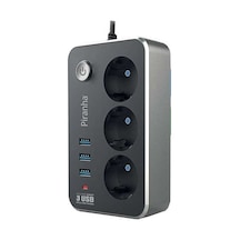 Piranha 3396 3xUsb Çıkışlı 3'lü Anahtarlı Termal Akım Korumalı Priz 2 Metre Siyah
