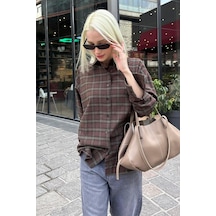 Madmext Kahverengi Oversize Ekose Desenli Kadın Gömlek Mg2589 Kahverengi