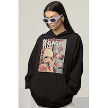 Sevbano Lady Gaga Tasarım Baskılı Unisex Oversize Şarkıcı Hoodie Siyah